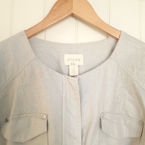 Chico's Foiled Linen Shine Jacket Collarless Full ZipSilver Size 1/Size M - Picture 4 of 12